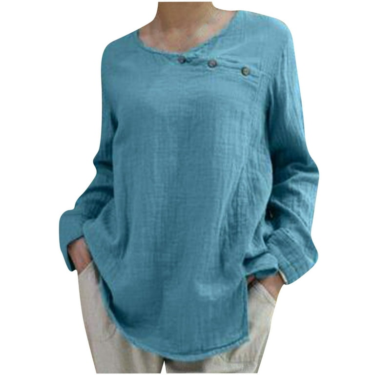 Elainilye Fashion Christmas Shirts For Women Solid Color Cotton Linen Round  Neck T-shirt Loose Long Sleeve Button Cotton Linen Lap 