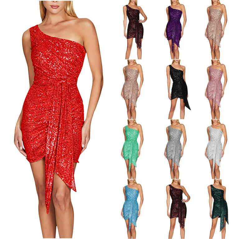 Elainilye Fashion Cocktail Dresses for Women Casual Slim Pleated Sleeveless  Skew Collor Sexy Dress Party Club Dress,Red