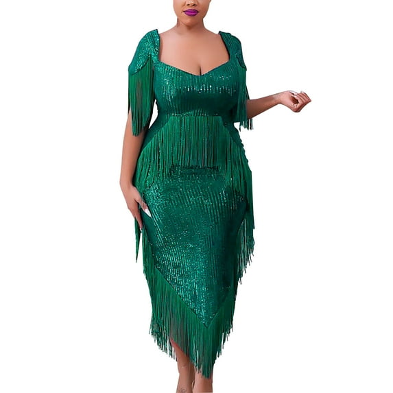 Elainilye Fashion Cocktail Dresses for Women Solid Color Prom Dress Banquet Temperament Irregular Tassel Sequin Dress,Green