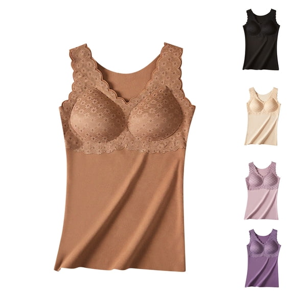 Elainilye Fashion Compression Shirt Women Winter Self-heating Lace Warm Undershirt Seamless Fleece Bottom Top Cold-proof Underwear Tops,Brown