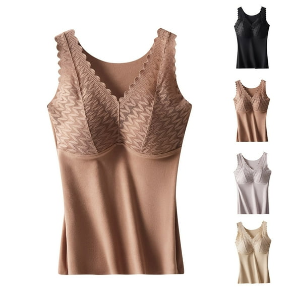 Elainilye Fashion Compression Shirt Women Winter Self-heating Lace Warm Undershirt Seamless Fleece Bottom Top Cold-proof Underwear Tops,Brown