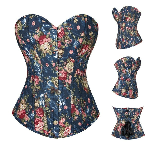 Elainilye Fashion Corset Tops for Women Print Body Shaper Court Gothic Corset Bustier Outer Wear Sexy Tight Fitting Shapewear,Blue