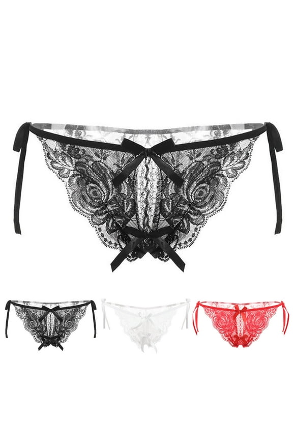 Fashion Cotton Bikini Underwear Women Sexy Crotchless Lingerie Lace Bow Bikini Panties Pearl Silky Lace Brife,Red