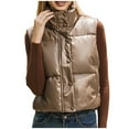 thumbnail image 1 of Elainilye Fashion Down Jacket Women Standing Neck Sleeveless Zipper Pocket Waistcoat Cotton Coat Overcoat,Brown, 1 of 8