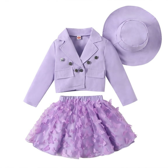 Elainilye Fashion Dress for Girls Purple Blazer with Embroidered Mesh Skirt with Hat Set, Sizes 4-7 Years