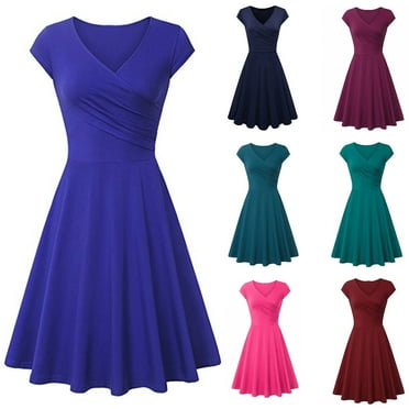 Elainilye Fashion Dress for Women Summer Casual Solid Color Casual Short Sleeve V-Neck Loose Dress Plus Size Dress,Blue