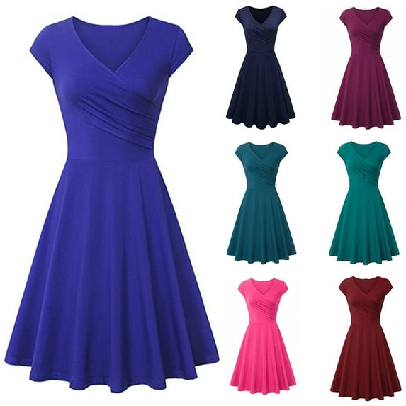 Elainilye Fashion Dress for Women Summer Casual Solid Color Casual Short Sleeve V-Neck Loose Dress Plus Size Dress,Blue