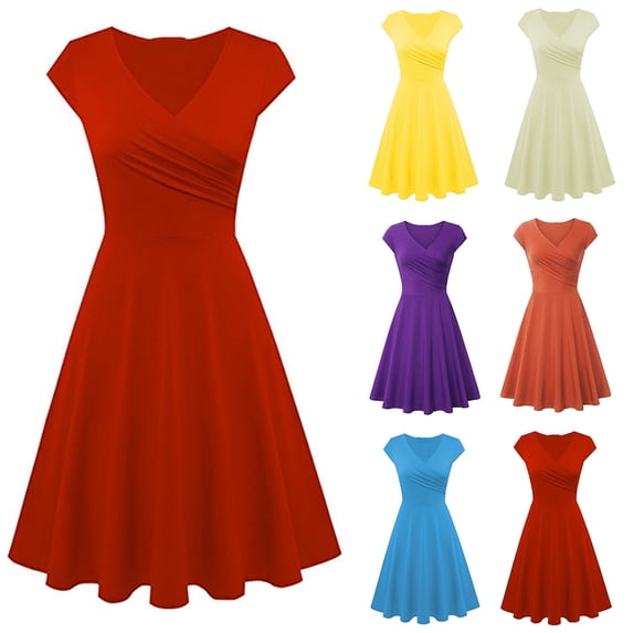 Elainilye Fashion Dress for Women Summer Casual Solid Color Casual Short Sleeve V-Neck Loose Dress Plus Size Dress,Orange