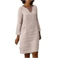 thumbnail image 1 of Elainilye Fashion Dresses For Women Casual Solid Color Cotton Linen Dress V Neck Long Sleeve Dresses With Button,Beige, 1 of 8