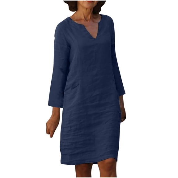 Elainilye Fashion Dresses For Women Casual Solid Color Cotton Linen Dress V Neck Long Sleeve Dresses With Button,Blue