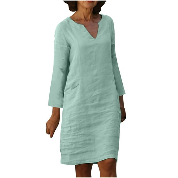 Elainilye Fashion Dresses For Women Casual Solid Color Cotton Linen Dress V Neck Long Sleeve Dresses With Button,Green