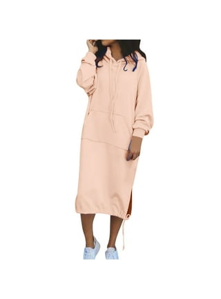 Elainilye Fashion Dresses for Women 2024 Casual Long Sleeve Hooded Pullover  Dress with Pocket,Gray