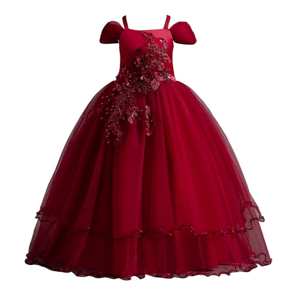 Elainilye Fashion Dresses for Girls Embroidery Flowers Bowknot Tulle Skirt Princess Flower Girls Wedding Gown Long Dresses, Sizes 5-14Y,Red