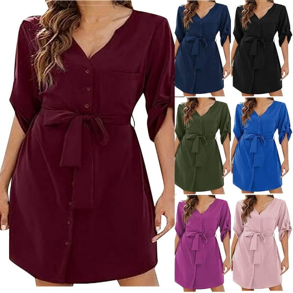 Elainilye Fashion Dresses for Women 2024 Casual Comfortable Button Long Sleeve V-neck Bandage Dress with Pocket,Blue