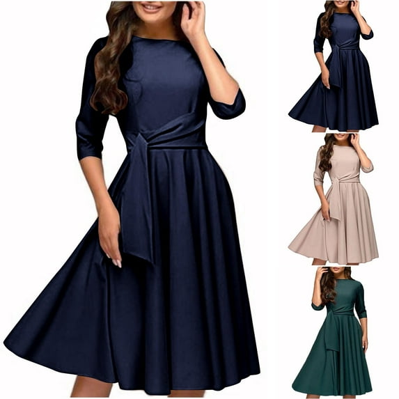 Elainilye Fashion Dresses for Women 2024 Casual Long Sleeve High Waist Round Neck Ladies Tops dress Knee Length Dress,Green