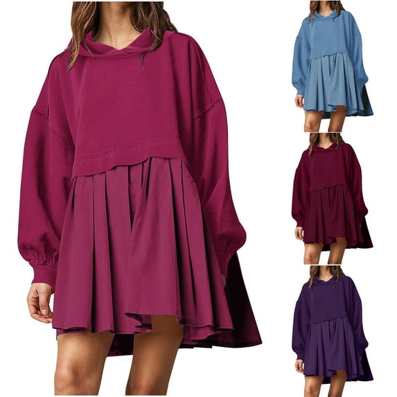Elainilye Fashion Dresses for Women 2024 Casual Round Neck Hooded Sweatshirt Solid Color Dress Long Sleeve Plus Size Sweatshirt Skirt,Blue
