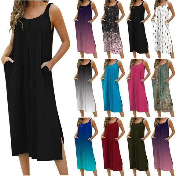 Elainilye Fashion Dresses for Women 2024 Casual Solid Floral Printed Sleeveless Split Knee-High Dress Long Dress with Pocket,Blue