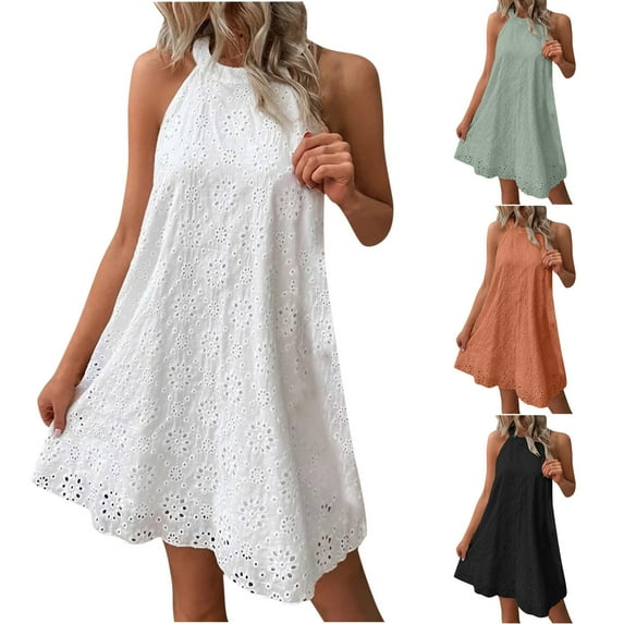 Elainilye Fashion Dresses for Women 2024 Casual Summer Embroidery Sleeveless Keyhole Halter Neck Dress Solid Skirt,Green