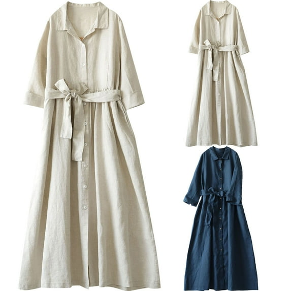 Elainilye Fashion Dresses for Women 2024 Casual Summer Long Sleeve Solid Round Neck Loose Button Lace Up Mid Calf Dress,Blue