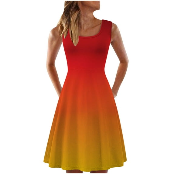 Elainilye Fashion Dresses for Women 2024 Casual Summer Sleeveless Knee Length Pleated Sun Dresses Tie-Dye Gradient Print Dress,Orange