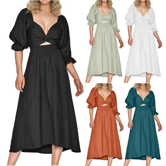 Elainilye Fashion Dresses for Women 2024 Casual V-neck Summer Short Sleeved Casual Long Dress,Green