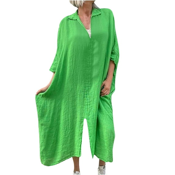 Elainilye Fashion Dresses for Women 2024 Plus Size Summer Casual Loose Turn-down Collar Slit Solid Long Sleeve Long Dresses,Green