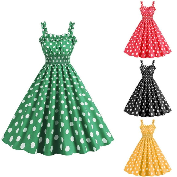 Elainilye Fashion Dresses for Women 2024 Round Neck Sleeveless Retro Suspender Wrapped Breast Polka Print Lace A-Line Dress,Black