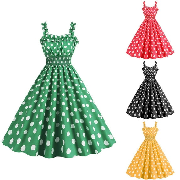 Elainilye Fashion Dresses for Women 2024 Round Neck Sleeveless Retro Suspender Wrapped Breast Polka Print Lace A-Line Dress,Yellow