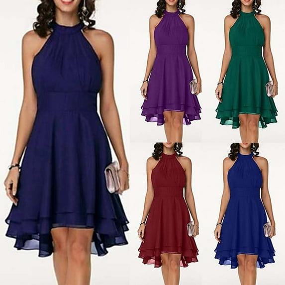 Elainilye Fashion Dresses for Women 2024 Summer Round Neck Sleeveless Chiffon Double Layer Ruffles Pencil Dress Prom Dress,Blue