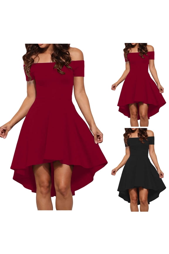 Fashion Dresses for Women Party Loose Off-The-Shoulder Solid Short Sleeve Loose Casual Long Dress Prom Dress,Red