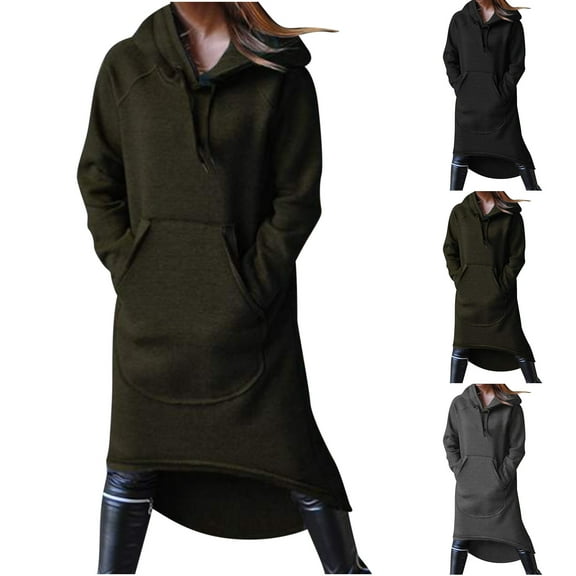 Elainilye Fashion Dresses for Women Plus Size Solid Fleece Hooded Irregular Long Dress with Pocket Drawstring Guard Dress,Gray