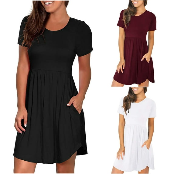 Elainilye Fashion Dresses for Women Round Neck Long Dress Short Sleeved Solid Pocket Dress Vacation Dresses for Women,Red