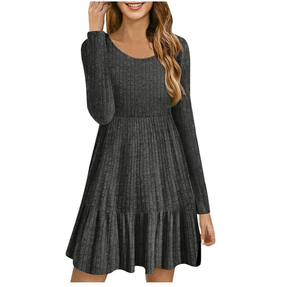 Elainilye Fashion Dresses for Women Round-Neck Solid Color Temperament Long Sleeve Sweater Dress,Gray