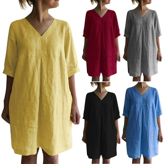 Elainilye Fashion Dresses for Women Summer Loose Casual V-Neck Solid Short Sleeve Dresses Cotton Linen Dress,Yellow
