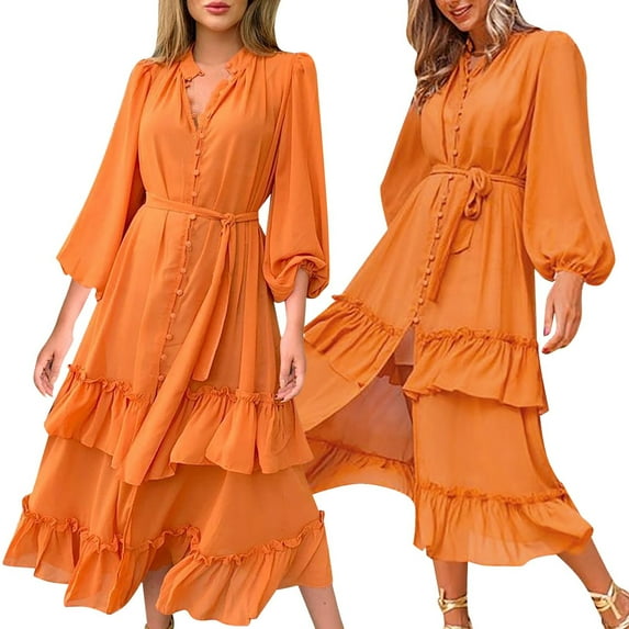Elainilye Fashion Elegant Dresses for Women Comfortable Casual Button Zipper Long Sleeve Color V-neck A-line Skirt Belt Dress,Orange