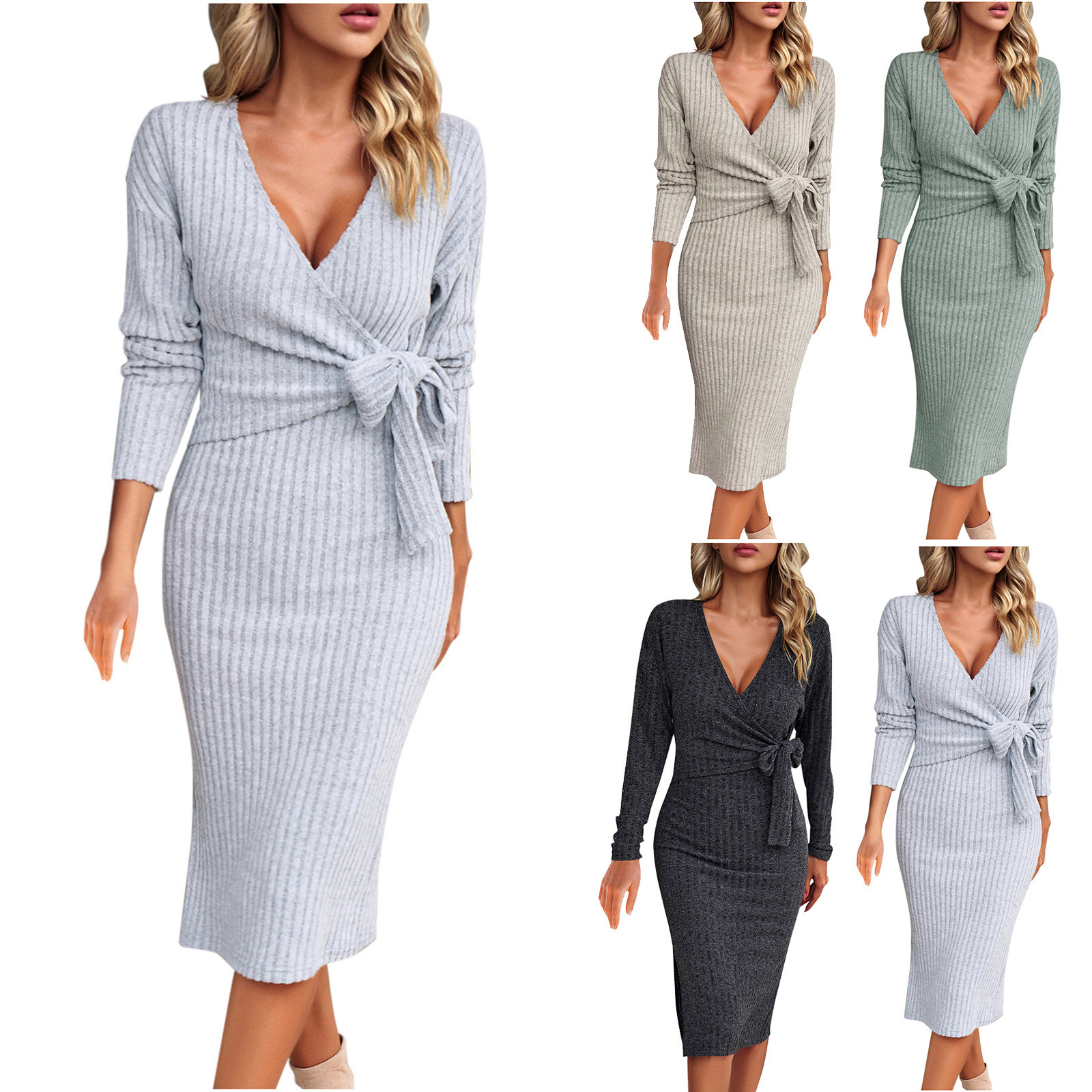 Elainilye Fashion Elegant Dresses for Women Ladies Solid Color Vneck