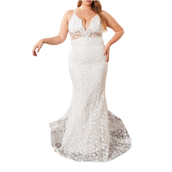 Elainilye Fashion Elegant Dresses for Women Plus Size Sexy Sleeveless Strap V-Neck Long Large Dress Gown,White