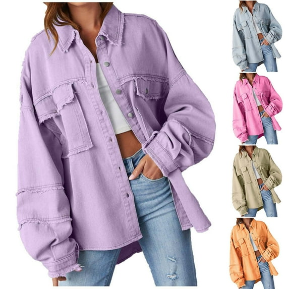 Elainilye Fashion Fall Coats for Women Jean Jacket Frayed Washed Button Denim Jacket With Pockets,Purple