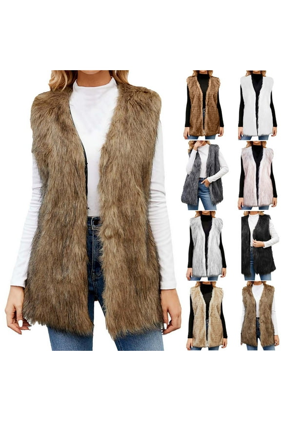 Fashion Faux Fur Coat Women Ladies Warm Faux Furry Long Coat Jacket Winter Solid V-neck Outerwear,Brown