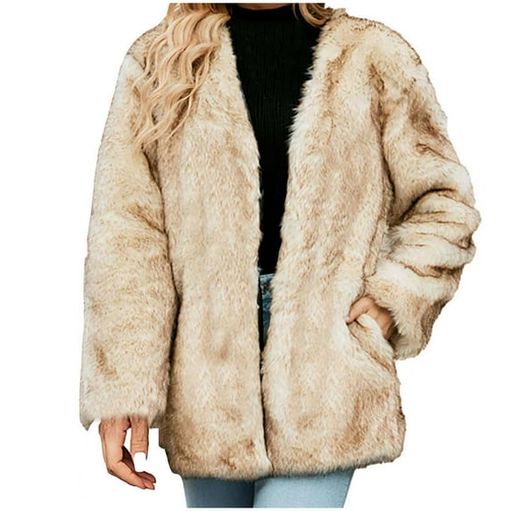 Elainilye Fashion Faux Fur Coat for Women Winter Warm Faux Furry Long Coat Jacket Winter Solid V-neck Outerwear,Brown