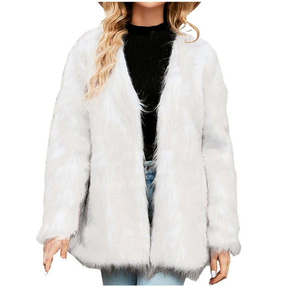 Elainilye Fashion Faux Fur Coat for Women Winter Warm Faux Furry Long Coat Jacket Winter Solid V-neck Outerwear,White