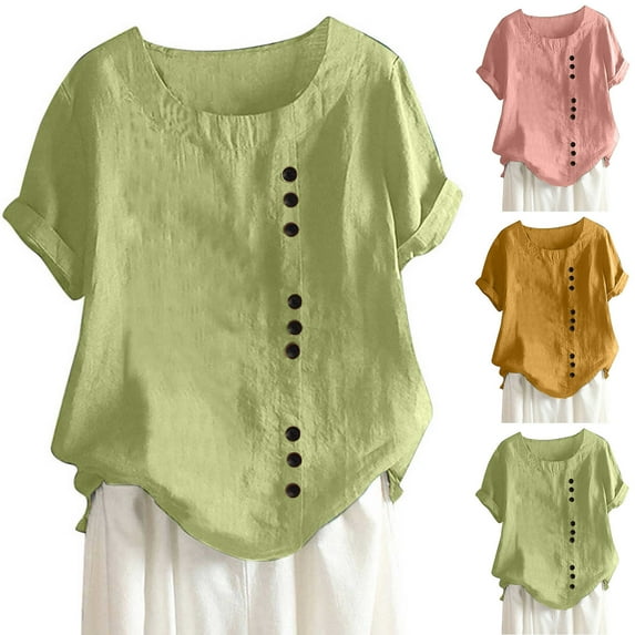 Elainilye Fashion Fitted Shirts for Women Summer Round Neck Leisure Short Sleeve Solid Buttons Tops,Yellow