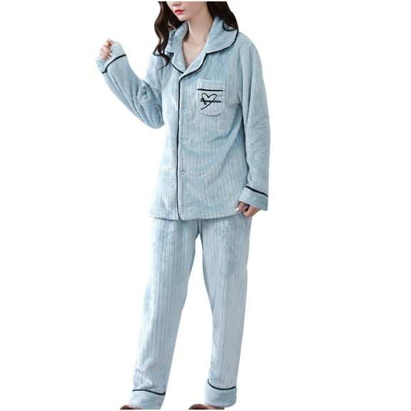 Elainilye Fashion Flannel Pajamas Women Winter Print Pocket Long Sleeve and Long Pants Pajama Suit 2 Piece Loungewear,Blue
