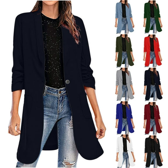 Elainilye Fashion Fleece Jacket Women Casual Blazer Jackets Suit with Pokets Colored Long Sleeve for Business Office,Blue