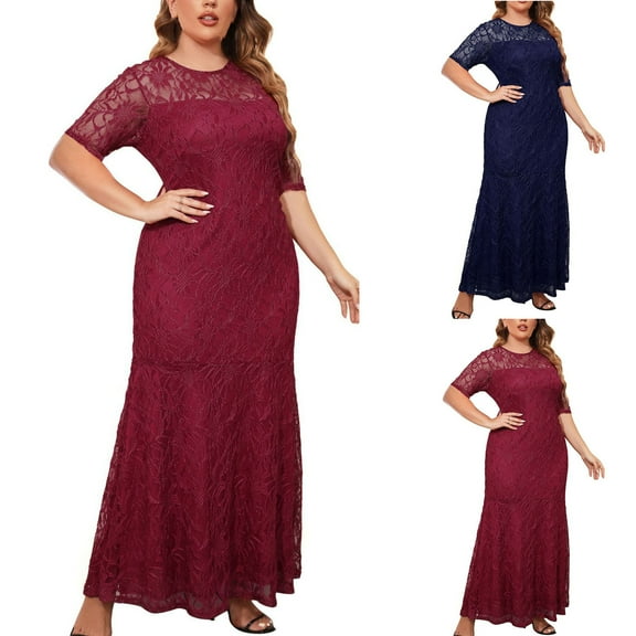 Elainilye Fashion Formal Dresses for Women 2024 Trendy Plus Size Sexy Lace V-neck Dress with Mid-sleeve Dress,Red