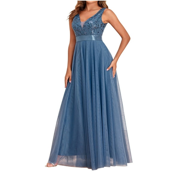 Elainilye Fashion Formal Wedding Guest Dress Sleeveless Double V-Neck Evening Dress with Tulle Embroidery Elegant Party Dress,Blue