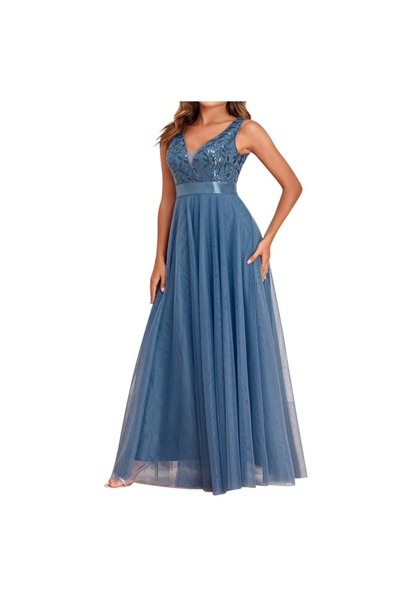 Fashion Formal Wedding Guest Dress Sleeveless Double V-Neck Evening Dress with Tulle Embroidery Elegant Party Dress,Blue
