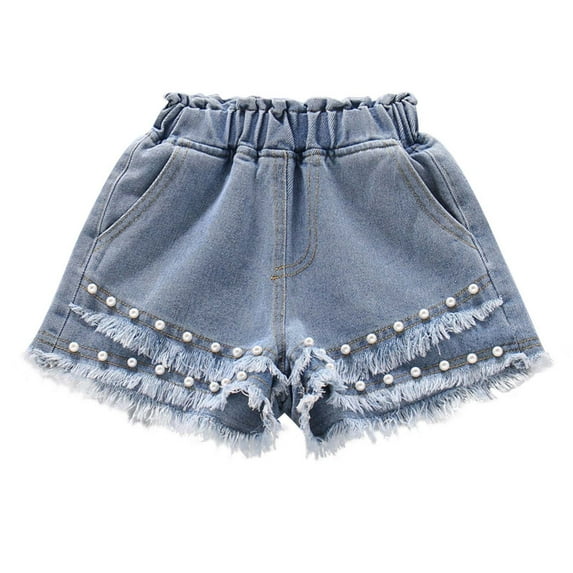 Elainilye Fashion Girls Denim Shorts For Middle School Students Summer Thin Elastic Waist Pants Denim Ragged Shorts For 4-15 Years,Blue