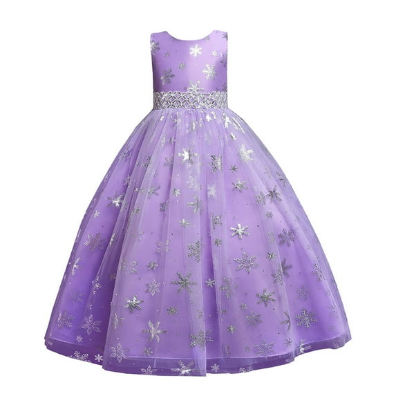 Elainilye Fashion Girls Dresses Sleeveless Princess Dress Snowflake Pattern Mesh Long Dress Party Dress, Sizes 5-14Y