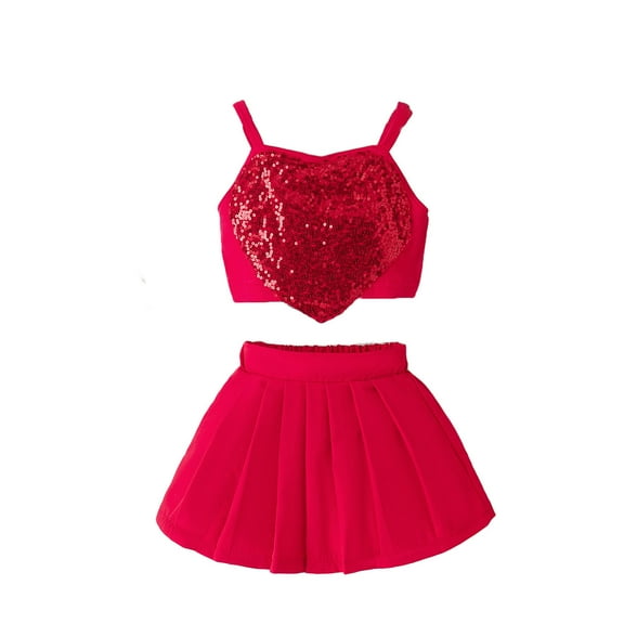 Elainilye Fashion Girls Dresses Summer Short Skirt Set Camisole Sequins Love Vests Pleated Skirt Set 2Pcs, Sizes 6M-4Y